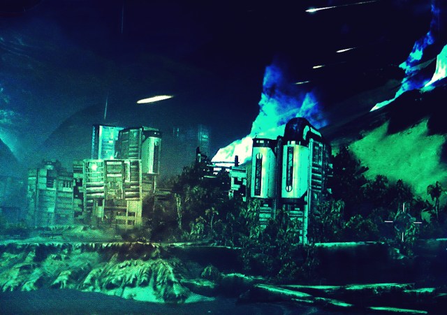 Venus, how beautiful it was; the manmade there didn't take over and overwhelm the natural.  But Venus' nature can't be tamed.  White-blue "lava" can be seen behind the buildings as "comets" fly through the air.  I call this my Venus at night postcard.