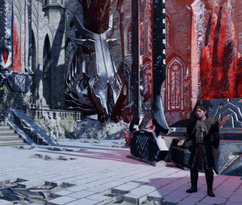 Imshael at Suledin Keep, with goat head-like statue and Red Lyrium   (unknown online source image).