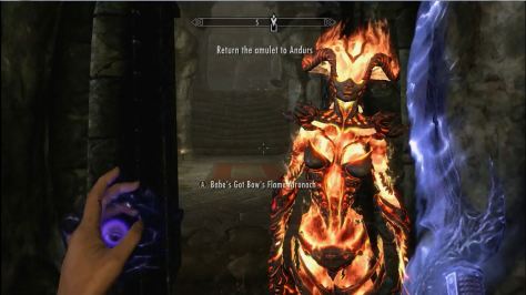 My fire atronach, with room at left to add text. Notice that she seems to be smiling, at least mildly. This is more than you can make your own character do . . . 