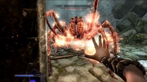 Skyrim, giant frostbite spider getting flamed